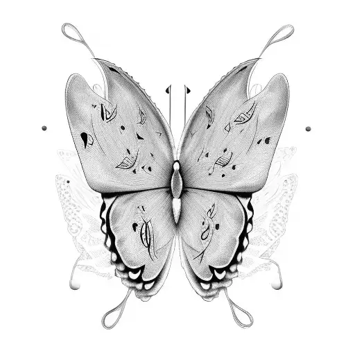 A minimalist representation of a butterfly with music notes incorporated within its wings tattoo design idea