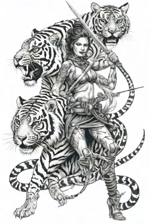 A fierce woman warrior witha sword with two tigers helping her fight a gigantic snake  tattoo design idea