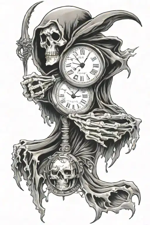 grim reaper time clock skulls tattoo design idea
