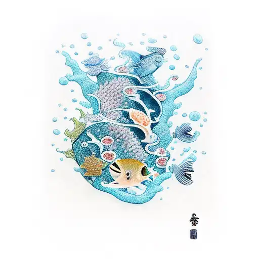 A guitar with underwater sea creatures swimming around it tattoo design idea