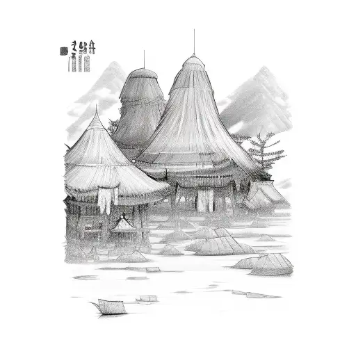 A sketch-style Hmong inspired landscape with a camera as the focal point tattoo design idea