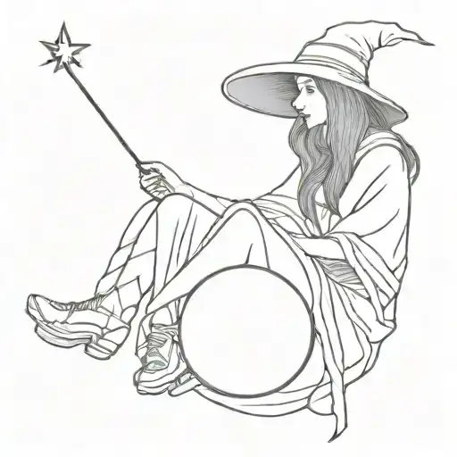 simple girl wizard sitting facing forward hold ball tattoo design idea