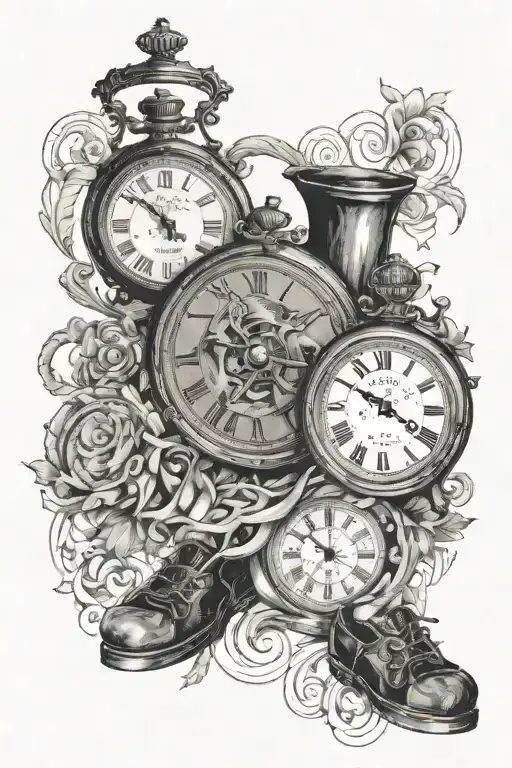 Tempus fugit, amor manet with clock between and foot prints underneath tattoo design idea