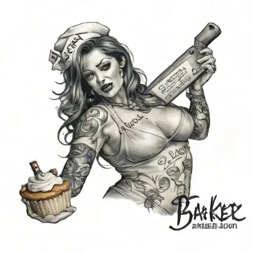 sexy baker milf with the writing "Mommy Slut" and "property of M" tattoo design idea
