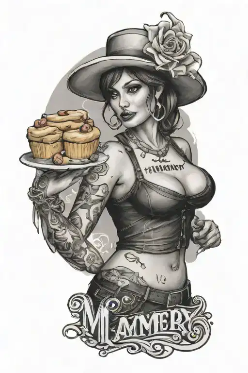sexy baker milf with the writing "Mommy Slut" and "property of M" tattoo design idea