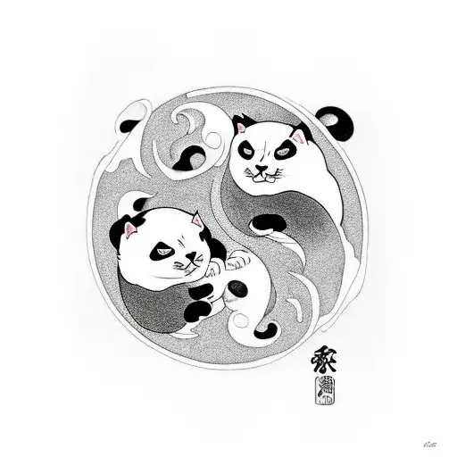 cat and panda hugging as yin & yang tattoo design idea
