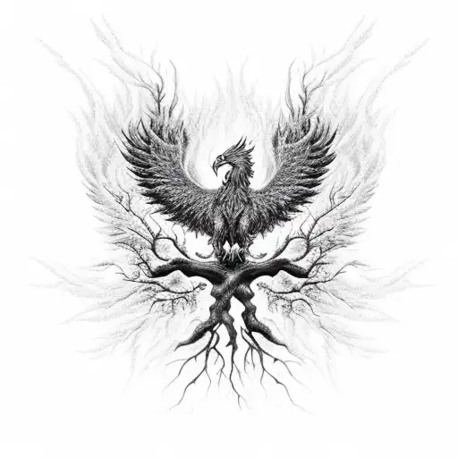 a rising phoenix from an aftermath ground. Tree roots representing depression and anxiety leading to a giant tree tattoo design idea