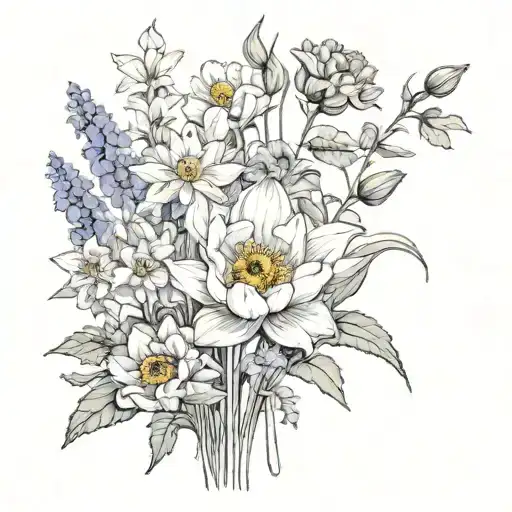 Delphinium and water lily, Gladiolus and poppy, marigold and the cosmos and sunflower tattoo design idea