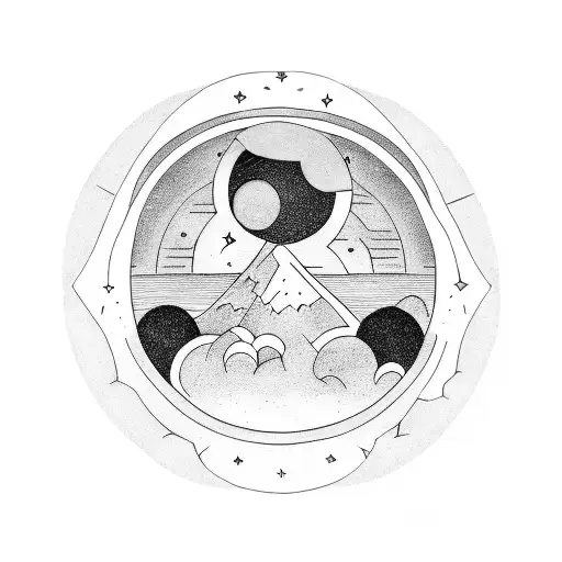 Tattoo, circle, half moon and half sun, sunbeams on the sun side, little stars on the moon side tattoo design idea