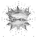 Tattoo, circle, half moon and half sun, sunbeams on the sun side, little stars on the moon side tattoo design idea