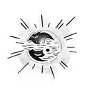 Tattoo, circle, half moon and half sun, sunbeams on the sun side, little stars on the moon side tattoo design idea