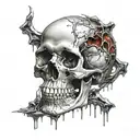 Black Gold Silver Broken decrepit Crystal Skull missing the jaw bone dripping in blood and melting downwards. tattoo design idea