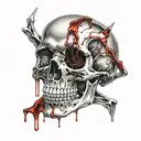 Black Gold Silver Broken decrepit Crystal Skull missing the jaw bone dripping in blood and melting downwards. tattoo design idea
