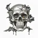 Black Gold Silver Broken decrepit Crystal Skull missing the jaw bone dripping in blood and melting downwards. tattoo design idea