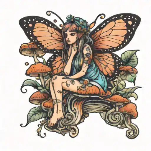fairy on mushroom surrounded by flowers tattoo design idea
