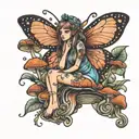fairy on mushroom surrounded by flowers tattoo design idea