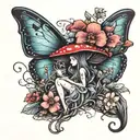 fairy on mushroom surrounded by flowers tattoo design idea