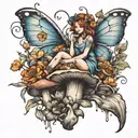 fairy on mushroom surrounded by flowers tattoo design idea