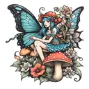 fairy on mushroom surrounded by flowers tattoo design idea