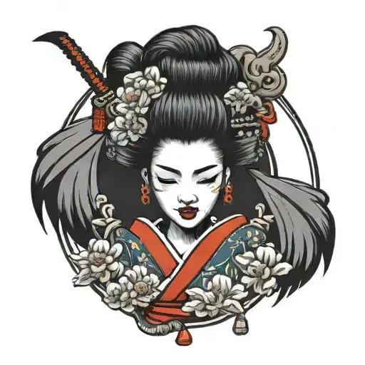 geisha with oni mask split in half tattoo design idea