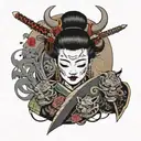 geisha with oni mask split in half tattoo design idea