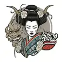 geisha with oni mask split in half tattoo design idea