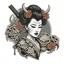geisha with oni mask split in half tattoo design idea