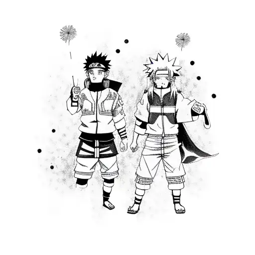 A sketch-style tattoo of Naruto and Pikachu dressed in festival attire, with fireworks in the background tattoo design idea
