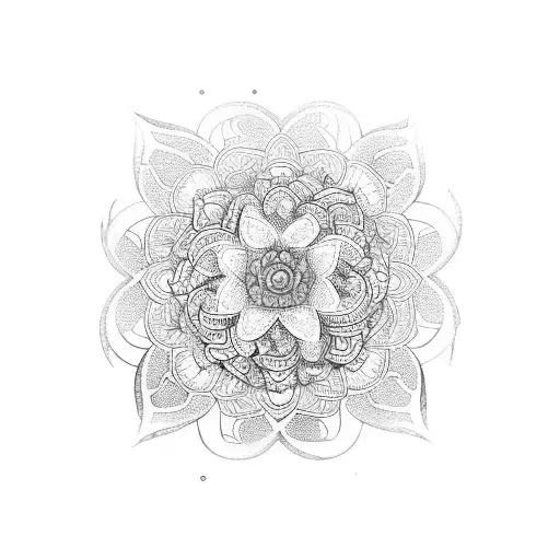 A mandala-inspired tattoo featuring a psychedelic mushroom surrounded by flowers and geometric patterns tattoo design idea