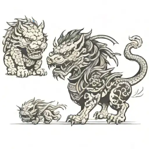 foo dog and samurai with dragon tattoo design idea