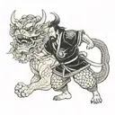 foo dog and samurai with dragon tattoo design idea