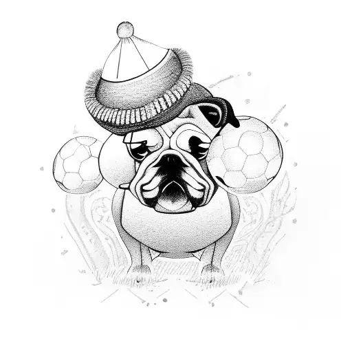 A bulldog wearing a hunting hat and holding a soccer ball, embodying your diverse interests in one tattoo tattoo design idea