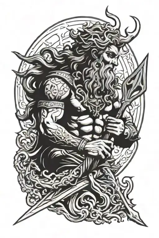 Poseidon holding trident surrounded tattoo design idea