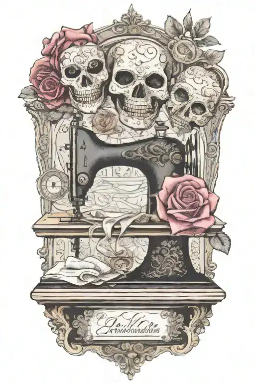 rose flowered background , two traditional theater masks, one comedy and one tragedy, above a vintage sewing machine tattoo design idea