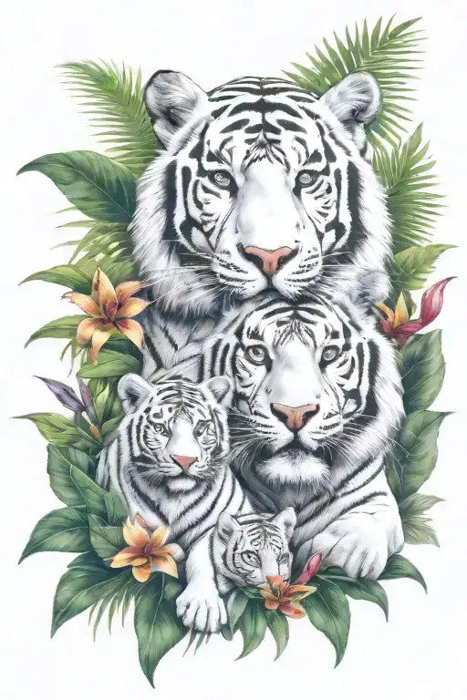  jungle background, tropical flowers, white male tiger, with 2 tiger cubs sitting in front tattoo design idea