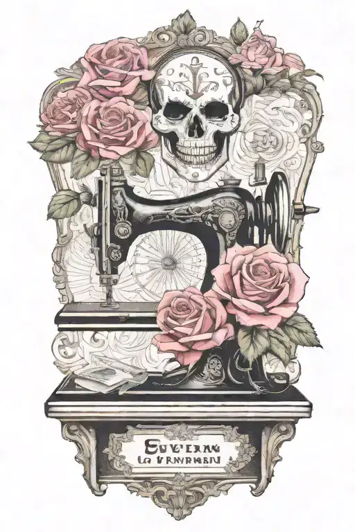 rose flowered background , a traditional comedy mask, and a traditional tragedy mask, above a vintage sewing machine tattoo design idea