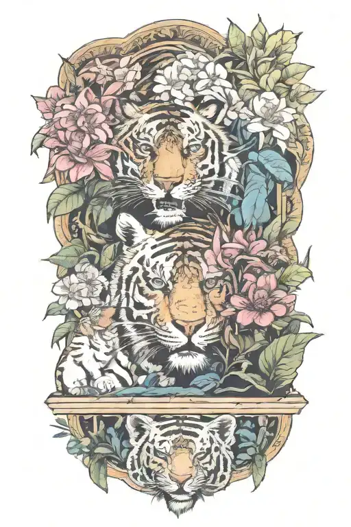 jungle background, tropical flowers behind a father tiger with two small tiger cubs, blue eyes tattoo design idea
