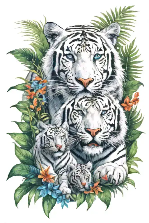  jungle background, tropical flowers, white male tiger, blue eyes, with 2 tiger cubs sitting in front tattoo design idea