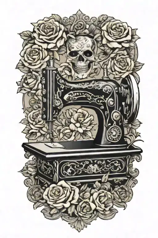 vintage black sewing machine, with traditional comedy and tragedy masks, in roses background tattoo design idea