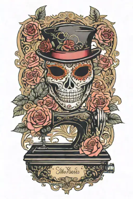 rose flowered background , comedy theater mask, and a tragedy theater mask, sitting above a vintage sewing machine tattoo design idea