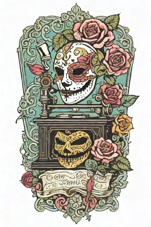 colorful rose flowered background ,with a  comedy and tragedy theater mask, sitting above a vintage sewing machine tattoo design idea