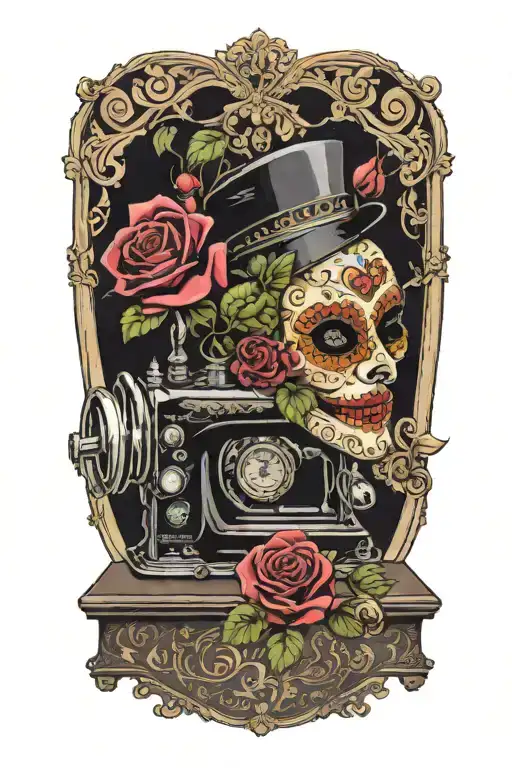rose flowered background , comedy-theater mask, and a tragedy-theater mask, sitting above a vintage sewing machine tattoo design idea