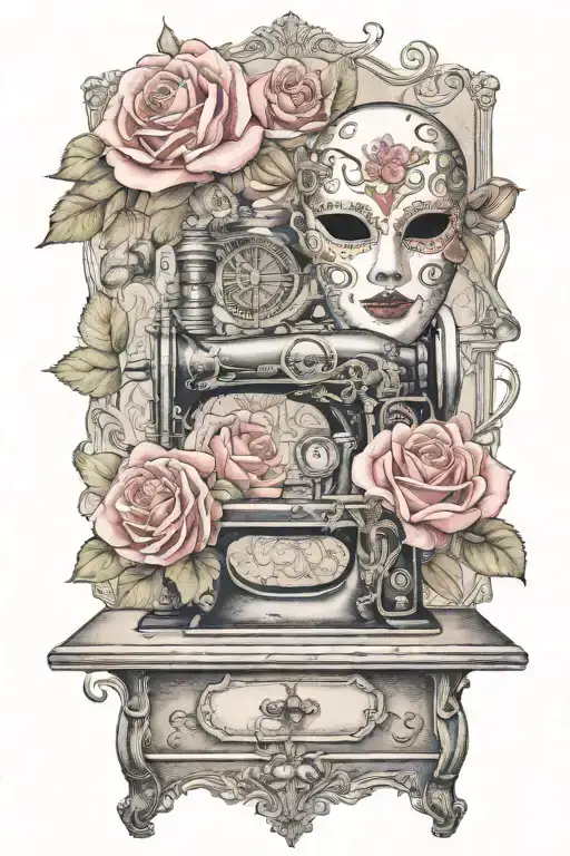 flowered roses background , one tragedy theater mask and one comedy theater mask, above vintage sewing machine tattoo design idea