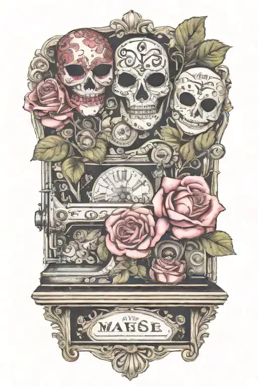 rose flowered background , two traditional masks, one comedy mask and one tragedy mask, above a vintage sewing machine tattoo design idea