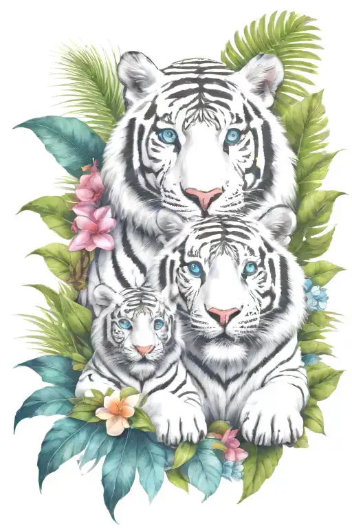  jungle background, tropical flowers, white male tiger, blue eyes, with 2 tiger cubs sitting in front tattoo design idea