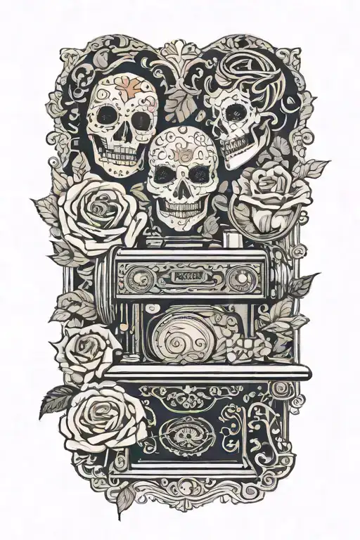 rose flowered background , two theater masks, one comedy and one tragedy, sitting above a vintage sewing machine tattoo design idea