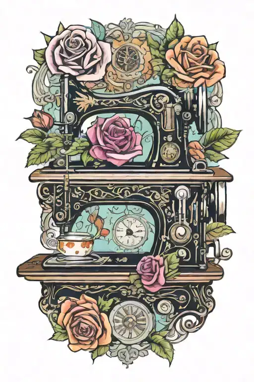 colorful roses background, vintage sewing machine, comedy and tragedy theater masks above the sewing machine tattoo design idea