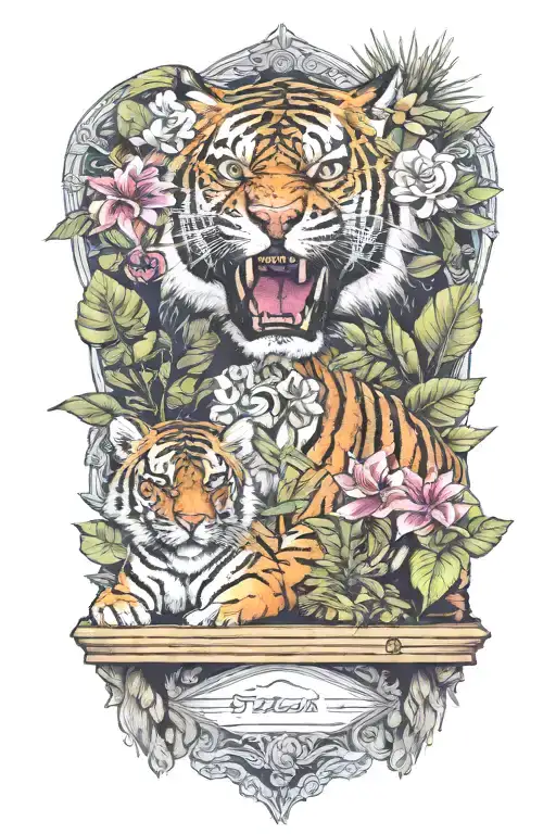 jungle background, tropical flowers behind a father tiger with two small tiger cubs, blue eyes tattoo design idea