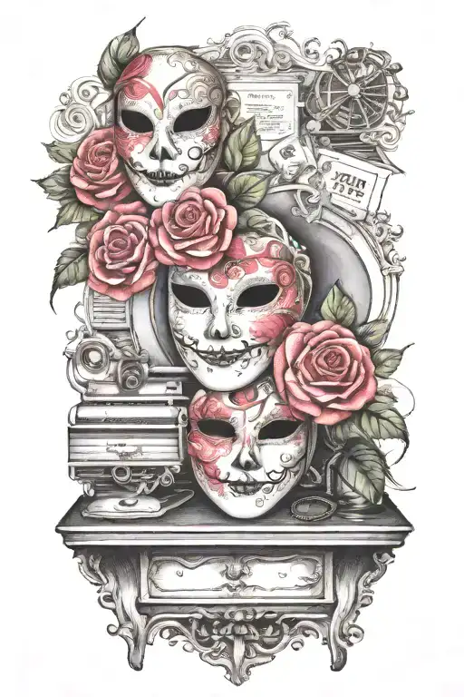 flowered roses background , one comedy theater mask, and one tragedy theater mask, above 401A sewing machine tattoo design idea