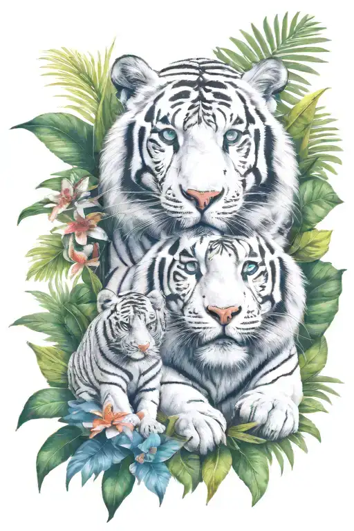  jungle background, tropical flowers, white male tiger, blue eyes, 2 monkeys climbing on tiger tattoo design idea